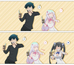  1boy 2girls 2koma :d ^_^ alternate_color bell_cranel bell_cranel_(cosplay) black_hair blue_eyes bouncing_breasts bow breast_envy breasts brushing_teeth cleavage cleavage_cutout closed_eyes clothing_cutout comic cosplay covered_navel crossover cup danmachi_brush dress dungeon_ni_deai_wo_motomeru_no_wa_machigatteiru_darou_ka eromanga_sensei closed_eyes flat_chest gradient_hair hair_bow heart hestia_(danmachi) hestia_(danmachi)_(cosplay) highres izumi_masamune izumi_sagiri long_hair looking_at_another matsuoka_yoshitsugu medium_breasts multicolored_hair multiple_girls musical_note open_mouth parody pink_bow pink_hair rei_no_himo season_connection voice_actor_connection siblings silver_hair smile spoken_heart spoken_musical_note spoken_squiggle squiggle toothbrush twintails very_long_hair white_dress xiel 