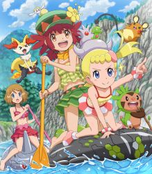  3girls :d :o absurdres afloat all_fours alternate_costume animal_ear_fluff bare_arms barefoot blonde_hair blue_eyes blush bonnie_(pokemon) braixen broom broom_riding chespin closed_mouth cloud collarbone commentary_request creatures_(company) day dedenne eyelashes flabebe flower game_freak gen_1_pokemon gen_6_pokemon green_headwear hat highres holding holding_oar innertube legendary_pokemon mairin_(pokemon) multiple_girls navel nintendo oar on_head open_mouth outdoors pointing pokemoa pokemon pokemon_(anime) pokemon_(creature) pokemon_on_head pokemon_xy_(anime) rhyhorn riding riding_pokemon river scrunchie serena_(pokemon) shirt short_hair sky sleeveless sleeveless_shirt smile split_mouth stick swim_ring swimsuit teeth toes tongue upper_teeth_only water water_drop waterfall wrist_scrunchie yellow_flower yellow_shirt zygarde zygarde_core 