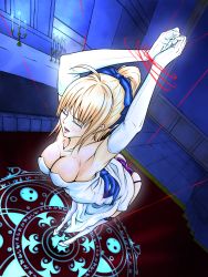 1girl armpits artoria_pendragon_(all) artoria_pendragon_(fate) ass bad_id bad_pixiv_id blonde_hair bound breasts cleavage dress elbow_gloves fate/stay_night fate_(series) gloves highres magic_circle official_alternate_costume saber_(fate) solo tied_up white_dress rating:Questionable score:27 user:danbooru