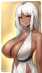 1girl azur_lane bare_shoulders border breasts brown_background cleavage closed_mouth collarbone commentary dark-skinned_female dark_skin dress english_text facial_mark forehead_mark halter_dress halterneck highres large_breasts long_hair looking_at_viewer massachusetts_(azur_lane) massachusetts_(dressed_to_impress)_(azur_lane) native_american outside_border parted_bangs roresu silver_hair skindentation sleeveless sleeveless_dress smile solo sparkle twitter_username upper_body very_long_hair white_border white_dress rating:Sensitive score:159 user:danbooru