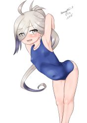  1girl absurdres ahoge asashimo_(kancolle) blue_one-piece_swimsuit breasts covered_navel dated eyes_visible_through_hair feet_out_of_frame grey_eyes grey_hair hair_over_one_eye highres kantai_collection leaning_forward maru_(marg0613) one-hour_drawing_challenge one-piece_swimsuit ponytail school_swimsuit sharp_teeth simple_background small_breasts solo swimsuit teeth twitter_username white_background 