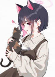  1girl absurdres animal animal_ears black_hair blue_archive blunt_ends blush brown_dress calico casual cat_ears colored_inner_hair commentary_request dress earclip earrings extra_ears eye_contact fingernails grey_shirt halo heart highres holding holding_animal jewelry kazusa_(blue_archive) long_sleeves looking_at_animal looking_at_another multicolored_hair nail_polish pinafore_dress pink_hair same_jarashi shirt short_hair simple_background sleeveless sleeveless_dress smile solo stud_earrings two-tone_hair upper_body white_background 