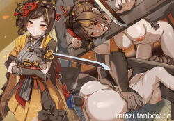  1boy 1girl ass asymmetrical_sidelocks black_gloves blonde_hair blood blush breasts brown_hair chiori_(genshin_impact) choker commentary_request defeat defloration doggystyle drill_hair drill_ponytail elbow_gloves fanbox_username genshin_impact gloves grey_kimono hair_ornament hair_stick haori hetero holding holding_sword holding_weapon japanese_clothes katana kimono large_breasts long_hair looking_at_viewer miazi navel nipples paid_reward_available pillory rape red_eyes red_sash restrained ribbon_choker sash sex_from_behind short_kimono skirt stationary_restraints sweat sword weapon yellow_skirt 