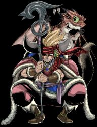  1boy allen_(gate_of_nightmares) blonde_hair boots brown_footwear cape clenched_teeth colored_sclera dragon fur-trimmed_cape fur_trim gate_of_nightmares green_sclera hand_tattoo highres holding holding_staff looking_at_viewer mashima_hiro official_art pants pink_cape pink_pants red_sash sash simple_background spiked_hair squatting staff tattoo teeth transparent_background 