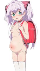  1girl ahoge aqua_eyes backpack bag bare_arms bare_shoulders bdsm bikini blush breasts collar collarbone covered_erect_nipples dot_nose feet_out_of_frame groin hair_ribbon hands_up heart heart-shaped_pupils highres legs_together loli long_hair looking_at_viewer md5_mismatch micro_bikini mile_(noukin) navel open_mouth pink_hair pregnant pussy_juice randoseru resolution_mismatch ribbon ribs side-tie_bikini_bottom simple_background sincos slave small_breasts solo source_larger standing sweat swimsuit symbol-shaped_pupils teeth thighhighs trembling twintails upper_teeth_only watashi_nouryoku_wa_heikinchi_de_tte_itta_yo_ne! white_background white_thighhighs  rating:Explicit score:104 user:danbooru