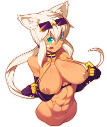  1girl :p abs animal_ears bare_shoulders breasts cat_ears cat_girl cat_tail dark-skinned_female dark_skin elbow_gloves eyewear_on_head gloves green_eyes highres inverted_nipples kaiten_muten-maru large_breasts long_hair looking_at_viewer metata navel nipples no_legs puffy_nipples shamu_meruruusa simple_background smile solo sunglasses tail toned tongue tongue_out undressing upper_body white_background white_hair 