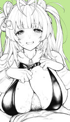  1boy 1girl antenna_hair ascot bare_shoulders bikini blush breasts breasts_squeezed_together cleavage dress goddess_of_victory:_nikke green_background greyscale grin hetero highres large_breasts long_hair looking_at_viewer monochrome mushi024 paizuri penis smile soda_(nikke) soda_(twinkling_bunny)_(nikke) swimsuit two_side_up uncensored 