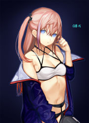  1girl bare_shoulders black_panties black_thighhighs breasts character_name cleavage collarbone commentary_request cowboy_shot criss-cross_halter crying garter_belt girls&#039;_frontline gradient_background hair_between_eyes halterneck highres jacket long_hair long_sleeves looking_at_viewer navel off-shoulder_shirt off_shoulder one_side_up open_clothes open_jacket panties parted_lips purple_background purple_hair purple_jacket red_hair shirt small_breasts solo st_ar-15_(girls&#039;_frontline) streaming_tears takatou_suzunosuke tears thighhighs underwear 