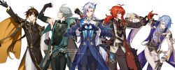  5boys ahoge alhaitham_(genshin_impact) antenna_hair arm_up arms_up artist_name ascot asymmetrical_bangs belt black_belt black_bow black_coat black_gloves black_necktie black_pants black_shirt black_vest blue_coat blue_eyeliner blue_gemstone blue_gloves blue_hair bow bowing brooch brown_eyes brown_hair buttons cable cape changpao chest_jewel chinese_clothes closed_mouth coat collared_coat collared_shirt commentary_request compression_shirt covered_abs cowboy_shot crossed_bangs diluc_(genshin_impact) earrings elbow_gloves expressionless eyeliner flexing frilled_sleeves frills frown fur-trimmed_coat fur_trim gem genshin_impact gloves gold_trim gradient_hair green_cape green_eyes green_gemstone green_hair grey_hair hair_between_eyes hair_bow half_gloves hand_on_own_hip hands_up headphones heart heart_hands highres holding holding_stone_tablet index_finger_raised jacket japanese_clothes jewelry kamisato_ayato kimono lapels long_hair long_sleeves looking_to_the_side low-tied_long_hair low_ponytail makeup male_focus mandarin_collar mole mole_under_mouth multicolored_hair multiple_boys necktie neuvillette_(genshin_impact) ojo_aa open_clothes open_coat open_shirt outstretched_arm pants parted_bangs partially_fingerless_gloves pectorals pointing pointy_ears ponytail purple_eyes purple_kimono red_eyeliner red_eyes red_gemstone red_gloves red_hair rope serious shirt short_hair sidelocks simple_background single_earring sleeve_cuffs sleeveless sleeveless_shirt standing stone_tablet streaked_hair swept_bangs tassel twitter_username two-sided_coat two-sided_fabric two-sided_jacket two-tone_gloves very_long_hair vest vision_(genshin_impact) watermark white_ascot white_background white_hair white_jacket white_pants white_vest wide_sleeves wing_collar zhongli_(genshin_impact) 