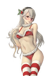  1girl alternate_breast_size arm_behind_back athenawyrm breasts corrin_(female)_(fire_emblem) corrin_(fire_emblem) embarrassed fire_emblem fire_emblem_fates food-themed_hair_ornament hair_ornament long_hair navel nintendo red_eyes santa_costume small_breasts solo striped_clothes striped_thighhighs thighhighs thighs white_hair  rating:Sensitive score:37 user:danbooru