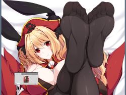  1girl animal_ears anne_bonny_(fate) bare_shoulders bed_sheet black_pantyhose black_ribbon blonde_hair blush breasts closed_mouth detached_collar fake_animal_ears fate/grand_order fate_(series) feet foot_focus foreshortening from_above hair_between_eyes hair_ribbon hat large_breasts looking_at_viewer looking_up lying no_shoes on_back pantyhose pirate_hat rabbit_ears red_eyes red_hat ribbon ruton-niki shiny_skin skull_and_crossbones smile soles solo toes two_side_up wing_collar  rating:Questionable score:35 user:aureligm