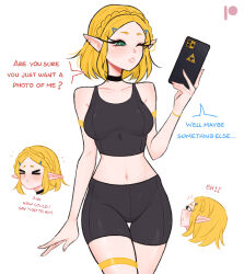  &gt;_&lt; 1girl armlet bike_shorts black_choker black_shorts black_sports_bra blonde_hair bracelet braid cellphone choker collarbone commentary crown_braid dijor98 english_commentary english_text green_eyes highres holding holding_phone jewelry looking_to_the_side midriff multiple_views navel nintendo one_eye_closed patreon_logo phone princess_zelda profile short_hair shorts smartphone sports_bra standing the_legend_of_zelda the_legend_of_zelda:_tears_of_the_kingdom thighlet triforce 