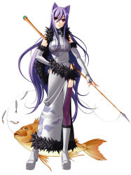  1girl animal_ears artist_request asymmetrical_clothes boots china_dress chinese_clothes dress elbow_gloves fingerless_gloves fish fishing_rod gloves long_hair polearm purple_eyes purple_hair side_slit single_thighhigh solo source_request spear thighhighs very_long_hair weapon  rating:Sensitive score:3 user:danbooru