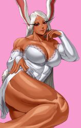  1girl absurdres animal_ears bare_shoulders boku_no_hero_academia breasts bridal_gauntlets cleavage clothing_cutout collarbone commission covered_abs dark-skinned_female dark_skin dress finger_to_own_chin gloves hand_on_own_hip highres jewelry knee_up large_breasts long_eyelashes long_hair looking_at_viewer mirko muscular muscular_female parted_bangs pink_background rabbit_ears rabbit_girl rabbit_tail red_eyes ring solo sotcho tail tail_through_clothes thick_thighs thighs very_long_hair white_dress white_gloves white_hair 