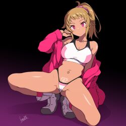  1girl 2024 alternate_eye_color alternate_skin_color batta_16-sei bra breasts brown_hair cameltoe cleavage ear_piercing earrings expressionless gundam gundam_build_fighters gundam_build_fighters_try gyaru highres hoshino_fumina jacket jewelry kneeling large_breasts long_hair looking_at_viewer midriff navel navel_piercing neo_zeon open_clothes open_jacket partially_visible_vulva piercing ponytail pubic_tattoo red_eyes red_jacket shoes signature simple_background solo solo_focus sports_bra spread_legs squatting tan tanline tattoo thong underwear white_footwear 