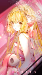  1girl absurdres bare_shoulders blonde_hair brown_eyes chii chobits closed_mouth copyright_name doll dress hair_tubes highres holding holding_doll long_hair looking_at_viewer pink_dress robot_ears sleeveless sleeveless_dress solo stuffed_toy zhongji_yaoguai 