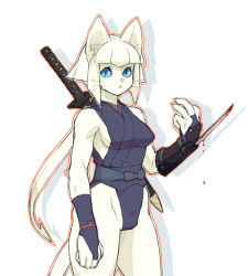  1girl animal_ears bad_id bad_pixiv_id blade blood blue_eyes blue_sclera blunt_bangs body_fur bridal_gauntlets cat cat_ears cat_girl cat_tail colored_sclera cowboy_shot fingerless_gloves furry furry_female gloves katana kemonon leotard long_hair looking_at_viewer ninja one-piece_swimsuit outline ponytail scabbard sheath sheathed simple_background sleeveless slit_pupils solo swimsuit sword tail weapon whiskers white_background white_hair  rating:Sensitive score:48 user:H-Raider