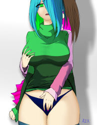  amber_lightvale bete_noire blue_hair breasts brown_hair embarrassed glitchtale green_eyes green_shirt panties pink_hair pink_shirt pink_skirt shirt shy skirt touching_breasts underwear  rating:Questionable score:3 user:Montegago