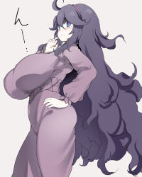 @_@ ahoge alternate_breast_size blue_eyes blush breasts commentary_request cowboy_shot creatures_(company) dress from_side frown game_freak hairband hand_on_own_hip hex_maniac_(pokemon) highres huge_breasts impossible_clothes kedamono_kangoku-tou long_hair looking_at_viewer messy_hair nail_polish nintendo npc_trainer pale_skin pink_hairband pink_nails pokemon pokemon_xy purple_dress purple_hair thinking translated very_long_hair white_background rating:Sensitive score:138 user:danbooru