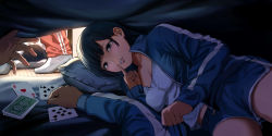 bed_sheet black_hair breasts card clenched_hand clothes_grab commentary_request finger_to_mouth grabbing grey_eyes gym_shirt gym_shorts gym_uniform highres indoors jacket lying medium_breasts on_side original pillow playing_card shirt short_hair short_shorts shorts shushing sleeping sleeve_grab socks track_jacket under_covers urasuji_samurai white_shirt rating:Sensitive score:70 user:danbooru