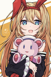  1girl absurdres animal_ears black_sleeves blonde_hair blue_eyes commentary_request detached_sleeves fake_animal_ears frilled_sleeves frills hair_between_eyes hair_intakes hairband heart heart-shaped_pupils highres holding holding_stuffed_toy kakuzatou_(cubesugar03196) long_hair looking_at_viewer mahjong mahjong_soul mahjong_tile medium_bangs mikami_chiori open_mouth orange_background rabbit_ears red_hairband smile solo stuffed_animal stuffed_toy symbol-shaped_pupils teddy_bear tenbou upper_body very_long_hair white_background 