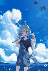  1girl ahoge animal_ears black_shirt blue_background blue_eyes blue_sky blush bug butterfly carrying_over_shoulder cloud cloudy_sky day fish fishing_rod flower grey_hair hair_flower hair_ornament hands_up highres holding holding_fishing_rod horizon horse_ears horse_girl horse_tail insect kiromo looking_at_viewer open_mouth outdoors overall_shorts overalls seiun_sky_(umamusume) shirt short_hair short_sleeves sky smile solo standing tail twitter_username two-tone_background umamusume water white_background  rating:General score:4 user:danbooru