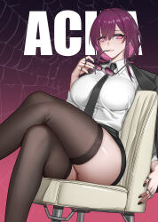  1girl alternate_breast_size alternate_costume artist_name ass black_jacket black_nails black_necktie black_skirt black_thighhighs breasts collared_shirt commentary crossed_legs english_commentary eyewear_in_mouth gradient_background hair_between_eyes highres holding holding_removed_eyewear honkai:_star_rail honkai_(series) jacket jewelry kafka_(honkai:_star_rail) large_breasts looking_at_viewer medium_hair mouth_hold multiple_rings nail_polish necktie on_chair open_clothes open_jacket parted_lips purple-tinted_eyewear purple_background purple_eyes purple_hair ring round_eyewear shirt sidelocks sitting skirt solo spider_web_background sunglasses teeth thighhighs tinted_eyewear unworn_eyewear w.q.y white_shirt 