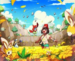  2girls :d alolan_exeggutor alolan_form bag beanie black_eyes black_hair blue_sky blush bracelet butterfree cloud commentary_request cosmog cottonee creatures_(company) cutiefly day dress field floating floral_print flower flower_field flying game_freak gen_1_pokemon gen_4_pokemon gen_5_pokemon gen_7_pokemon green_shorts happy hat highres hill jewelry korean_commentary legendary_pokemon lillie_(pokemon) looking_up medium_hair multiple_girls nintendo open_mouth oricorio oricorio_(pom-pom) outdoors outstretched_arms palm_tree petilil pikipek poke_ball_print pokemon pokemon_(creature) pokemon_sm print_headwear red_hat rotom rotom_dex selene_(pokemon) selyg15 shirt short_sleeves shorts shoulder_bag sky sleeveless sleeveless_dress smile standing sundress swept_bangs t-shirt teeth tree trumbeak upper_teeth_only yellow_flower 