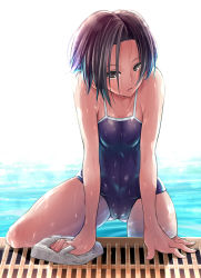  1girl arm_support barefoot black_hair breasts competition_school_swimsuit highres kobayakawa_rinko love_plus makokujira one-piece_swimsuit open_mouth partially_submerged pool poolside school_swimsuit short_hair small_breasts solo swim_cap unworn_swim_cap swimsuit wading water wet 