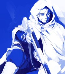  1boy aokamei beard blank_stare blue_background blue_theme cloak closed_mouth facial_hair golden_kamuy gun highres holding holding_weapon hood hooded_cloak looking_to_the_side male_focus military_uniform ogata_hyakunosuke rifle solo uniform weapon 
