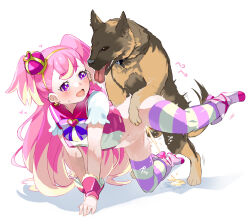 1girl :d bestiality blush bottomless crown cure_wonderful dog doggystyle full_body hetero inukai_komugi leg_up loli long_hair mini_crown multicolored_hair naik open_mouth peeing pink_eyes pink_hair precure purple_eyes sex sex_from_behind shadow simple_background smile striped_clothes striped_thighhighs testicles thighhighs tongue tongue_out two-tone_hair very_long_hair white_background wonderful_precure! wrist_cuffs rating:Explicit score:84 user:danbooru