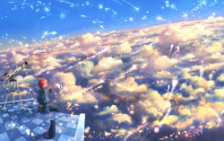 1girl :d ^_^ above_clouds animal arm_support black_cat blue_dress blue_sky capelet cat closed_eyes cloud cloudy_sky commentary_request cup day diffraction_spikes dress dutch_angle facing_viewer feathers holding holding_cup long_sleeves looking_back magic mug open_mouth original outdoors red_hair sakimori_(hououbds) scenery short_hair sidelocks sitting sky smile solo sunlight telescope wide_shot rating:General score:4 user:danbooru