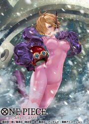  1girl bodysuit breasts covered_navel curvy earpiece gloves hair_over_one_eye helmet highres jacket large_breasts leather leather_jacket looking_at_viewer official_art one_eye_covered one_piece open_clothes open_jacket open_mouth pink_bodysuit pisuke purple_jacket shiny_clothes short_hair skin_tight smile snow solo vegapunk_lilith wide_hips  rating:Sensitive score:19 user:danbooru