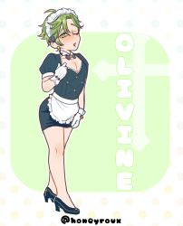  1boy absurdres apron bow bowtie breasts cleavage collar earrings gloves green_background green_eyes green_hair high_heels highres jewelry maid maid_headdress nu_carnival olivine_(nu_carnival) one_eye_closed pectoral_cleavage pectorals smile white_gloves wink  rating:Sensitive score:7 user:honeypot