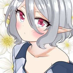  1girl blush closed_mouth hair_between_eyes highres kokkoro_(princess_connect!) looking_at_viewer pointy_ears princess_connect! red_eyes short_hair silver_hair simple_background solo  rating:Sensitive score:10 user:uoetnr