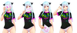  1girl ;d albino animal_ears assassin cat_ears drawing gradient_hair highres kataasa-ko long_hair mr.romance multicolored_hair one_eye_closed open_mouth original red_eyes shirt smile swimsuit swimsuit_under_clothes tongue tongue_out white_hair wink 