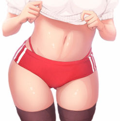  1girl breasts buruma close clothes_lift gluteal_fold gym_uniform highres imizu_(nitro_unknown) navel original shirt_lift simple_background solo standing tagme thigh_gap thighhighs white_background  rating:Sensitive score:61 user:Lunacy