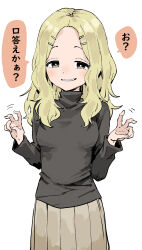  1girl absurdres black_sweater blonde_hair breasts brown_eyes brown_skirt commentary_request copyright_request dot_nose double_v facing_viewer forehead hair_ornament hairclip half-closed_eyes highres japanese_text long_sleeves looking_at_viewer medium_breasts medium_hair parted simple_background skirt smile solo speech_bubble standing sweater tareme teeth translation_request turtleneck turtleneck_sweater upper_body v white_background yamamoto_souichirou 