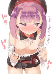 1girl belt blush breasts collarbone cowboy_shot detached_collar detached_sleeves downblouse embarrassed extended_downblouse fate/grand_order fate_(series) hat helena_blavatsky_(fate) leaning_forward looking_away mamedenkyuu_(berun) nipples no_bra purple_eyes purple_hair short_hair small_breasts solo translation_request white_background rating:Questionable score:58 user:danbooru