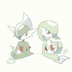  arm_blade bob_cut book coffee_mug colored_skin creatures_(company) cup gallade game_freak gardevoir gen_3_pokemon gen_4_pokemon gen_8_pokemon green_hair hair_over_one_eye highres holding holding_cup iie_efg milcery mug multicolored_skin nintendo pink_eyes pokemon pokemon_(creature) reading simple_background smile two-tone_skin weapon white_background white_skin 