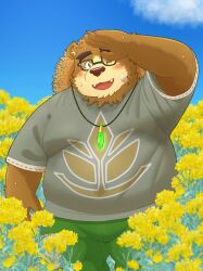  1boy absurdres animal_ears bandaid bandaid_on_face bara bear_boy bear_ears belly black-framed_eyewear blue_sky blurry blush brown_fur cowboy_shot depth_of_field fangs fat fat_man flower furry furry_male hand_over_eye hat highres jewelry looking_at_viewer male_focus open_mouth pendant shirt short_sleeves sky solo straw_hat sweat thick_eyebrows tokyo_houkago_summoners two-tone_fur volos_(housamo) yaki_atsuage yellow_flower 