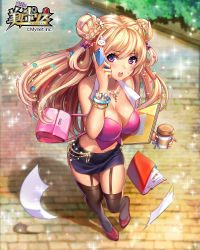  1girl absurdres bag bare_shoulders blonde_hair blurry blurry_background breasts cellphone cleavage company_name copyright_name cup disposable_cup double_bun eagle_db from_above garter_straps hair_bun hair_ornament handbag heart heart-shaped_pupils highres jewelry large_breasts lens_flare long_hair looking_at_viewer midriff miniskirt necklace notebook official_art on_the_phone outdoors phone purple_eyes rabbit_hair_ornament red_footwear sexy_police shoes side_slit skirt smartphone solo symbol-shaped_pupils text_focus thighhighs watch wristwatch zettai_ryouiki 