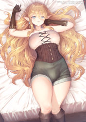  1futa arms_up bare_shoulders blonde_hair blue_eyes breasts brown_corset brown_footwear brown_gloves bulge collarbone commentary_request corset covered_erect_nipples cross-laced_clothes cross-laced_slit cross-laced_top earrings elf fantia_logo fantia_username futanari gloves green_shorts hair_between_eyes jewelry kneehighs large_breasts long_hair looking_at_viewer lying on_back on_bed original paid_reward_available parted_lips patreon_logo patreon_username pointy_ears shirt shorts socks solo watermark wavy_hair web_address white_shirt yana_(nekoarashi)  rating:Questionable score:143 user:danbooru