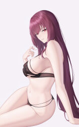  1girl bare_shoulders bra breasts fate/grand_order fate_(series) highres large_breasts long_hair looking_at_viewer navel nmi panties purple_hair red_eyes scathach_(fate) solo thighs underwear 