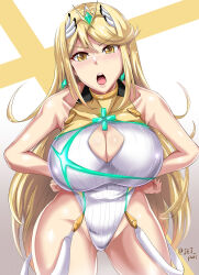  1girl alternate_costume blonde_hair breasts cleavage cleavage_cutout clothing_cutout crown highres large_breasts long_hair mythra_(radiant_beach)_(xenoblade) mythra_(xenoblade) official_alternate_costume puripuri_jet solo swimsuit xenoblade_chronicles_(series) xenoblade_chronicles_2 yellow_eyes  rating:Sensitive score:12 user:Metman