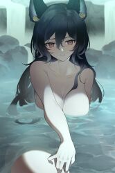  1girl bath bathing black_hair breasts covering_privates erune granblue_fantasy highres ilsa_(granblue_fantasy) ilsa_(summer)_(granblue_fantasy) long_hair looking_at_viewer nude nude_cover onsen rock solo umeda_shiso water 