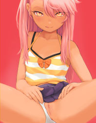 1girl bare_shoulders blouse blue_skirt blush bra_strap breasts camisole chloe_von_einzbern cleft_of_venus closed_mouth clothing_aside collarbone dark-skinned_female dark_skin fate/kaleid_liner_prisma_illya fate_(series) flashing grey_skirt kuroshiro00 licking_lips loli long_hair looking_at_viewer mixed_eye_color multicolored_eyes naughty_face one_side_up orange_eyes panties panties_aside perfection pink_background pink_hair pussy pussy_juice reveal shirt simple_background skirt small_breasts smile solo spread_legs striped_camisole thighs tongue tongue_out uncensored underwear white_panties yellow_camisole yellow_shirt rating:Explicit score:637 user:Dweenie