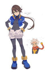  1boy 1girl absurdres aile_(mega_man_zx) black_bodysuit blush bodysuit bodysuit_under_clothes breasts brown_hair cropped_jacket facial_mark forehead_mark full_body green_eyes grey_(mega_man) grey_hair hands_on_own_hips highres jacket long_hair mayutsuba_mono mega_man_(series) mega_man_zx mega_man_zx_advent open_clothes open_jacket ponytail robot_ears short_hair shorts simple_background skin_tight small_breasts white_background 