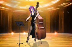  1girl absurdres auditorium black_dress bow_(music) double_bass dress emma_bessho high_heels highres instrument music_stand pantyhose yu-gi-oh! yu-gi-oh!_vrains  rating:General score:1 user:1O7