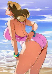  1girl ass back bent_over birthmark bracelet breasts brown_hair covered_erect_nipples curvy earrings female_focus green_eyes huge_ass jewelry joestar_birthmark jojo_no_kimyou_na_bouken kuujou_holly large_breasts lipstick long_hair looking_back makeup mature_female necklace one-piece_swimsuit parted_lips pink_one-piece_swimsuit solo standing stardust_crusaders swimsuit thick_thighs thighs volvox water wet wide_hips  rating:Sensitive score:157 user:thirstysamurai88
